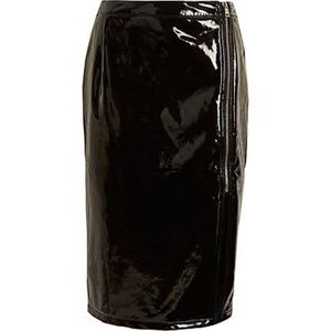 Black vinyl front split pencil skirt